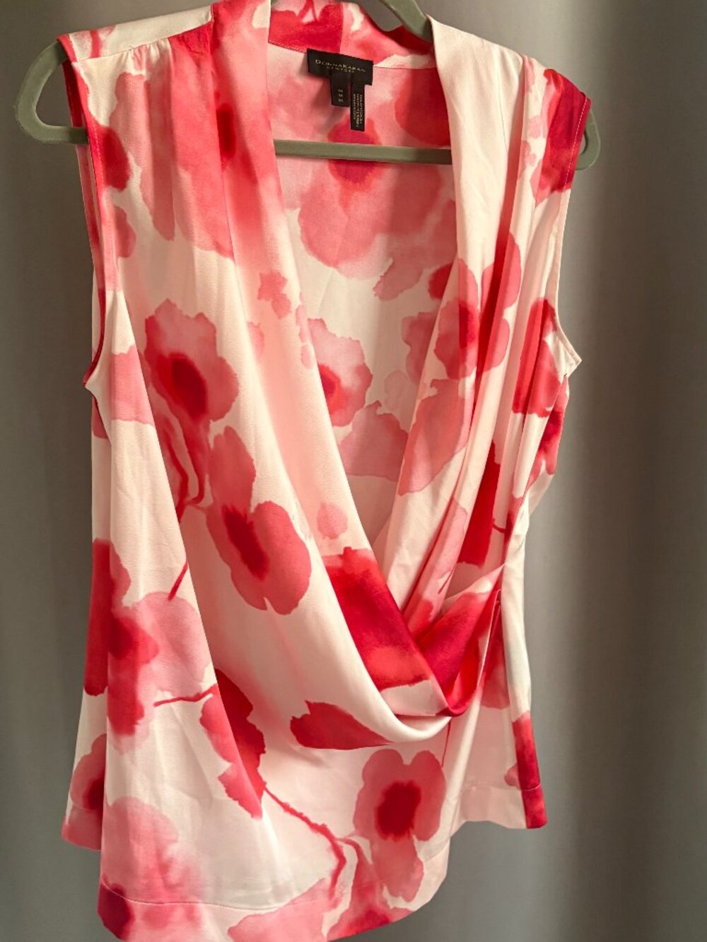 Donna Karan Pink Watercolor Floral Draped Faux Wrap Sleeveless Blouse Top M